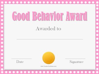 Good behavior award certificate with a pink border