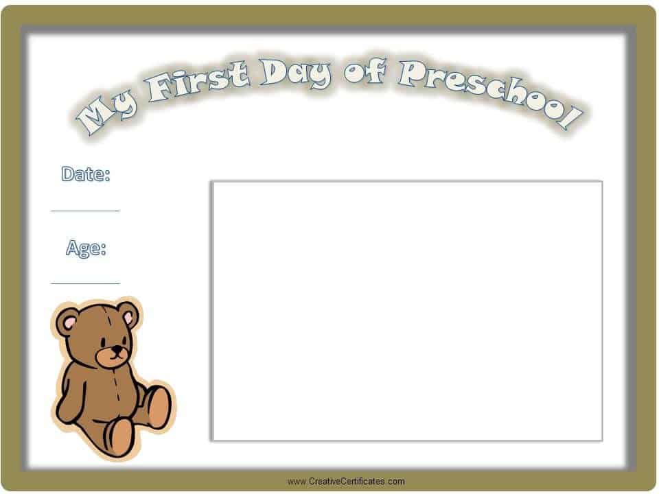 Certificate For First Day Of School Kindergarten Or Preschool